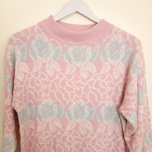 VTG Pink Blue Pastel Floral High Mock Neck  Sweater Sz Large Soft Ramie Blend - Picture 3 of 9